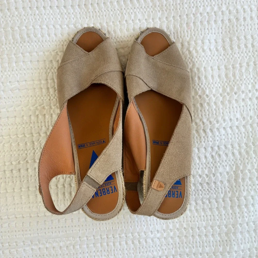 Verbenas Espadrille Wedge Tan Suede Open  Toe Women 7.5/8 Euro 38 Handmade Spain